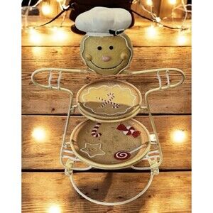 Cracker Barrel 2-Tier Cookie Server w/Plates - Gingerbread Design - 18.75” H